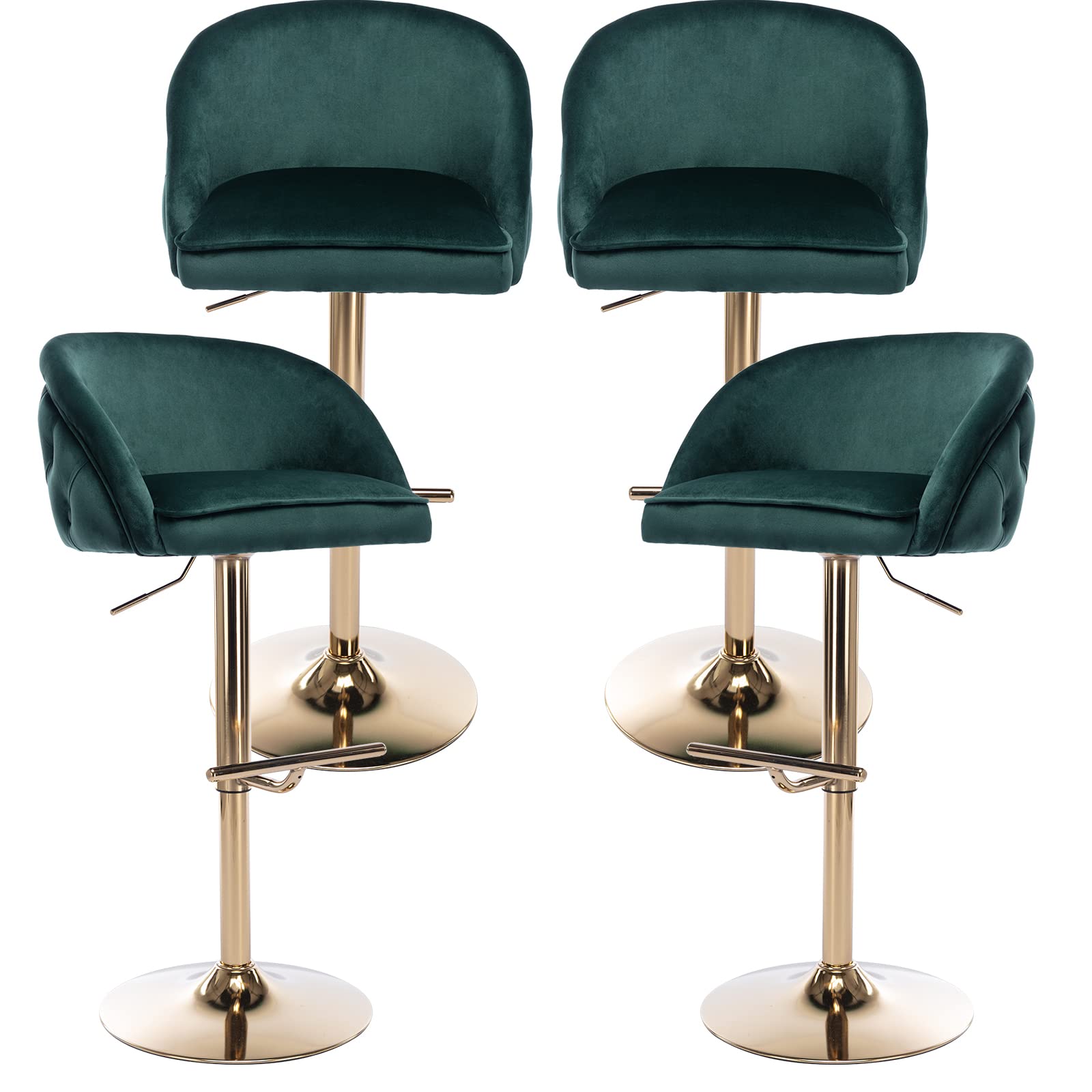 Guyou Velvet Adjustable Bar Stools with Backs Set of 4, Tufted Upholstered Counter Height Bar Stools with Gold Base and Tufted Buttons for Dining Room Kitchen Island Home Bar (Emerald Green)
