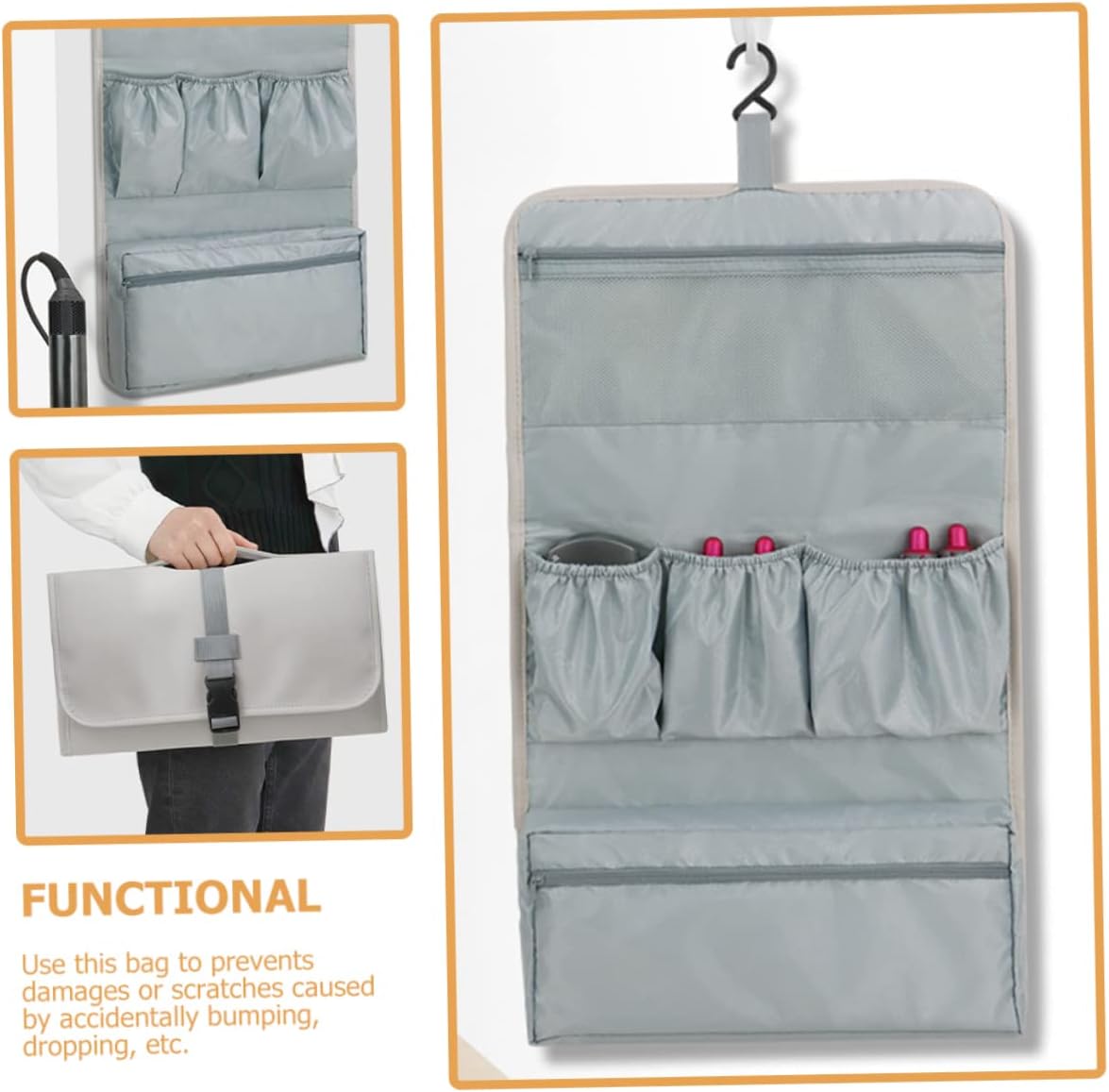Hair Curler Storage Case Multi-functional Travel Organizer Bag for Curling Iron Hot Air Brush and Hair Dryer Grey Leather Design for Travel and Business Trips image 5