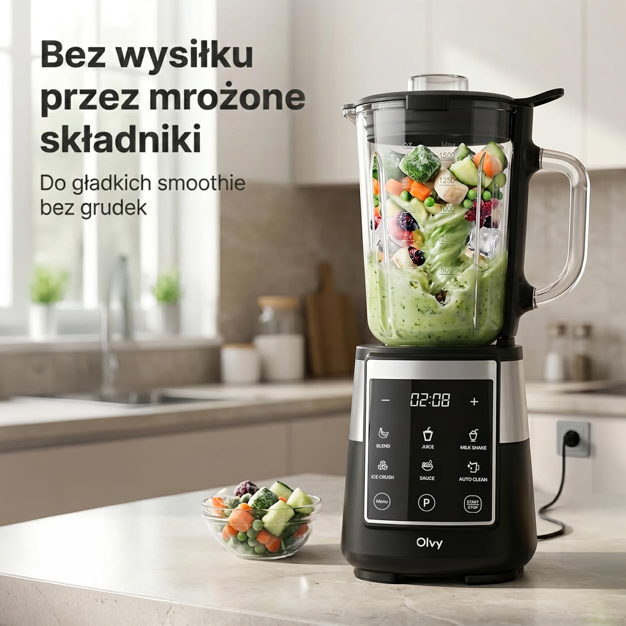 Olvy Blender Smoothie Maker 1500ml Szklany To-Go Timer LED 6 Noży-Black