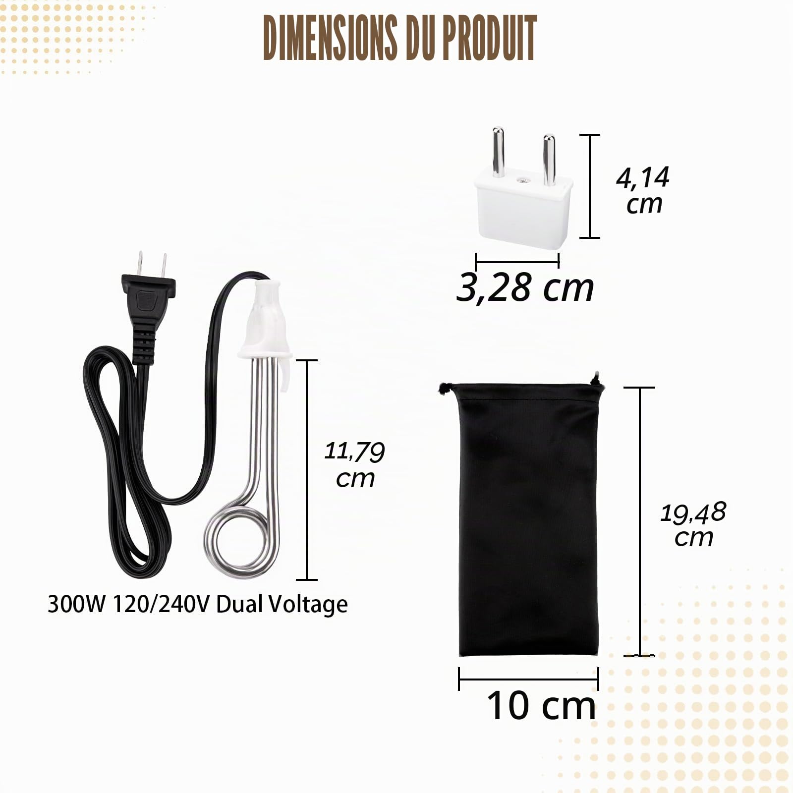Accessoires de camping de voyage Chauffage à immersion à thé avec thermomètre LCD – Chauffe-eau portable à immersion 300 W double tension 120/240 V