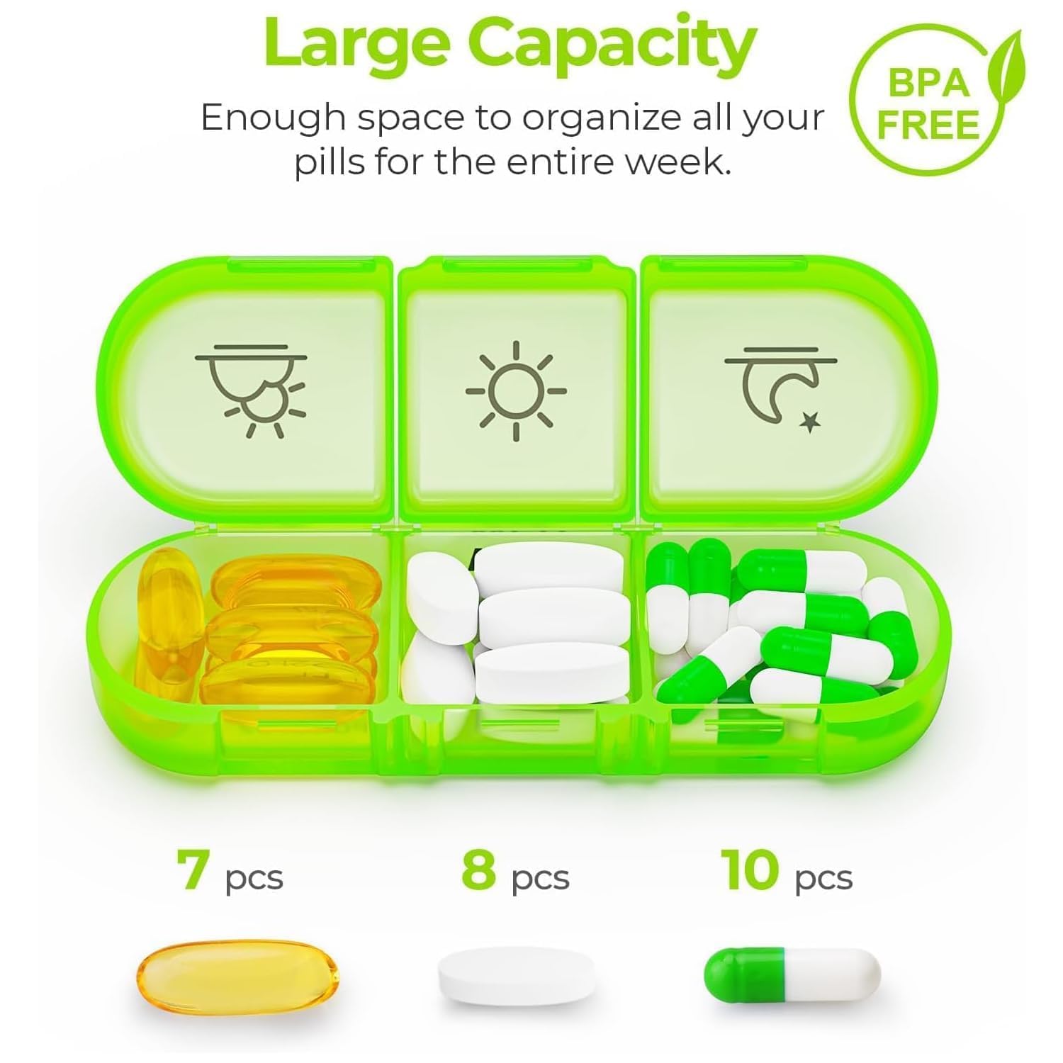Friederich weekly pill organizer 3 times a day, portable travel pill box 7 day with large compartments moisture-proof pill case for vitamin, Medicine, pills (Medicine Organizer Box) (Multicolor) 3
