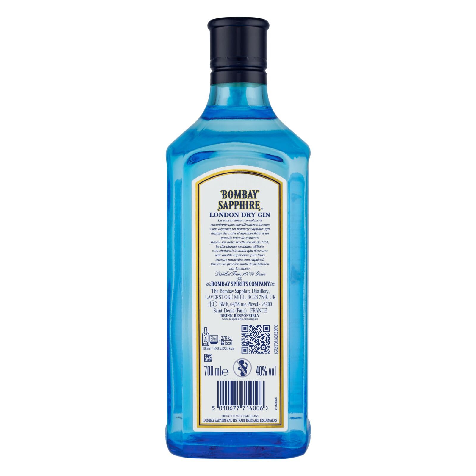 Bombay Sapphire London Dry Gin, 40 % vol., 70 cl / 700 ml, Un Spiritueux Infusé à la Vapeur, Élaboré à Partir de 10 Plantes Aromatiques Rigoureusement Sélectionnées à la Main