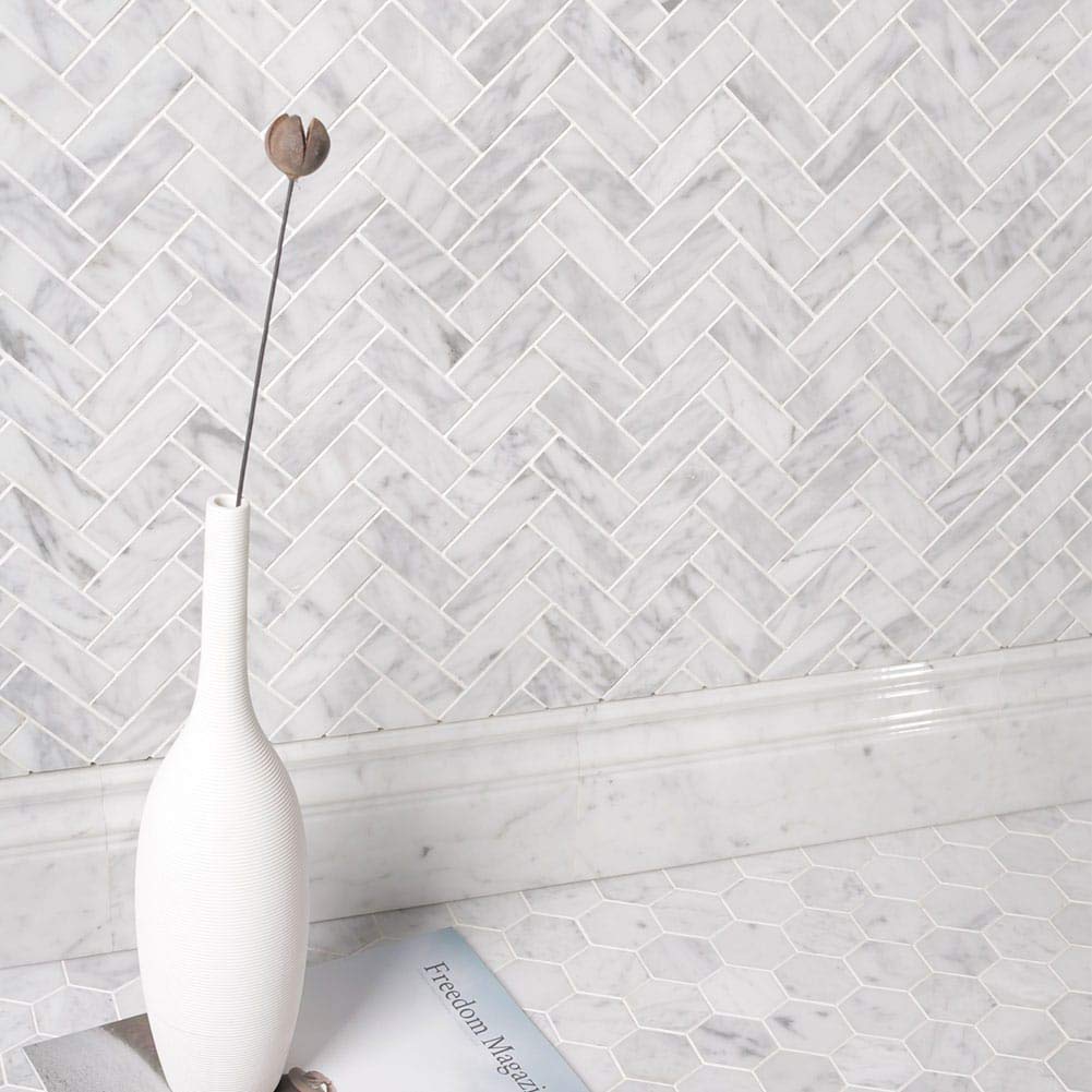 Soulscrafts Italian White Carrara Marble 1 x 4 Herringbone Mosaic Tile Polished for Kitchen Backsplash Bathroom Wall & Floor Tile 5 Sheets/Box