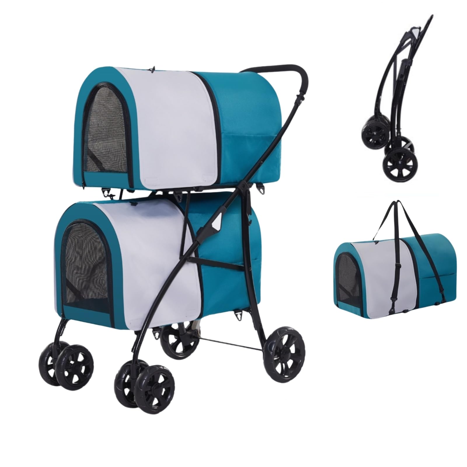 Cochecito doble para mascotas con transportadores desmontables, bolsillo de almacenamiento con bloqueo, rueda ligera de 360°, impermeable, caja plegable con almohadilla suave para perros pequeños y