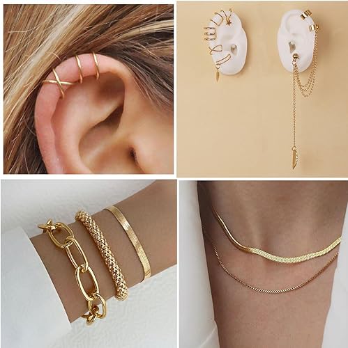 Vista 4 de Juego de 60 joyas de oro con collar de pulsera multicapa, aretes colgantes, anillo apilable para mujer, paquete de joyería de aniversario de San