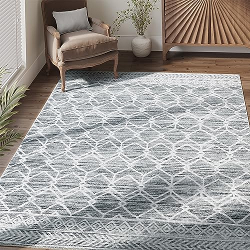 jinchan Moroccan 5x7 Area Rugs for Bedroom - Machine Washable Soft Modern Geometric Stain Resistant Non-Slip Ultra-Thin Low-Pile Faux Wool Carpet for Living Room Kitchen Dining Room (5x7ft,Grey)