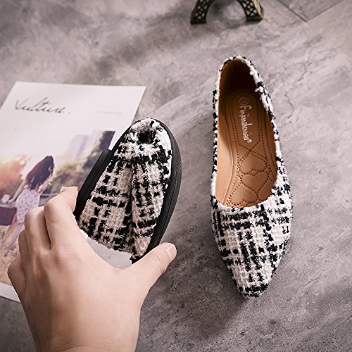 Meeshine Womens Classic Pointy Toe Ballet Flats Slip On Plaid Dress Flat Shoes White-02 US 8 - Thumbnail 4