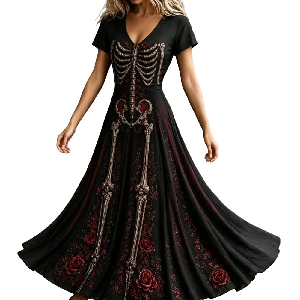 Oludkeph Skeleton Print Long Maxi Dress for Women Gothic Halloween Costume
