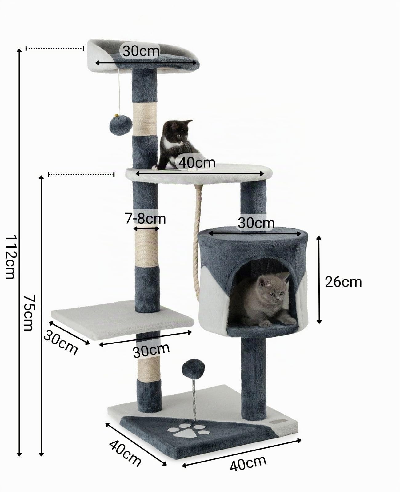 lionto Arbre à Chat avec 2 balles en Peluche & Corde de Jeu, Hauteur 112 cm, avec Corde en sisal & Peluche, Surface de Repos & Grotte, Support Mural Inclus, pour Petits & Grands Chats, Gris/Blanc