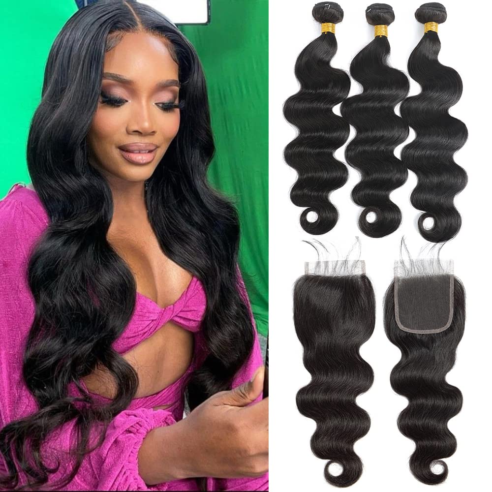 Kapelli Hair Brazilian Virgin Hair Body Wave 3 Bundles with Closure (20 22 24+20") 10A Brazilian Remy Human Hair Bundles with Closure Body Wave Bundles with Closure Natural Black