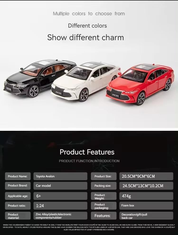 Image of Toyota Avalon 1:24 Model Car with Box, Zinc Alloy Pull Back Toy car with Sound and Light for Kids Boy Girl Gift [Colors as Per Stock]
