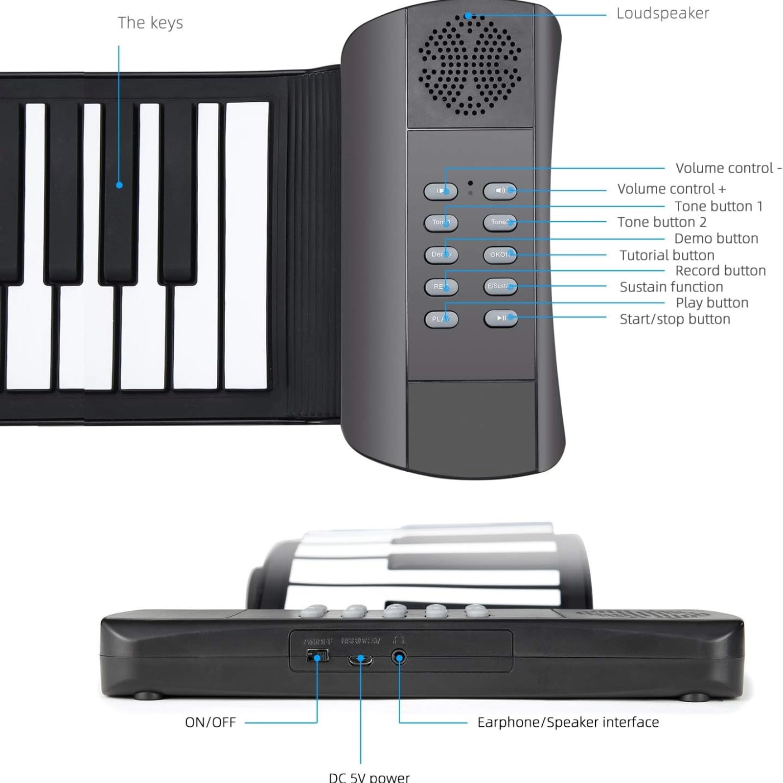 Tragbares Klavier mit 49 Tasten, Elektrische Aufrollbare Flexible Klaviertastatur für, Anfänger, Erwachsene, Unterstützt 4D-Surround-Sound, USB-batteriebetrieben