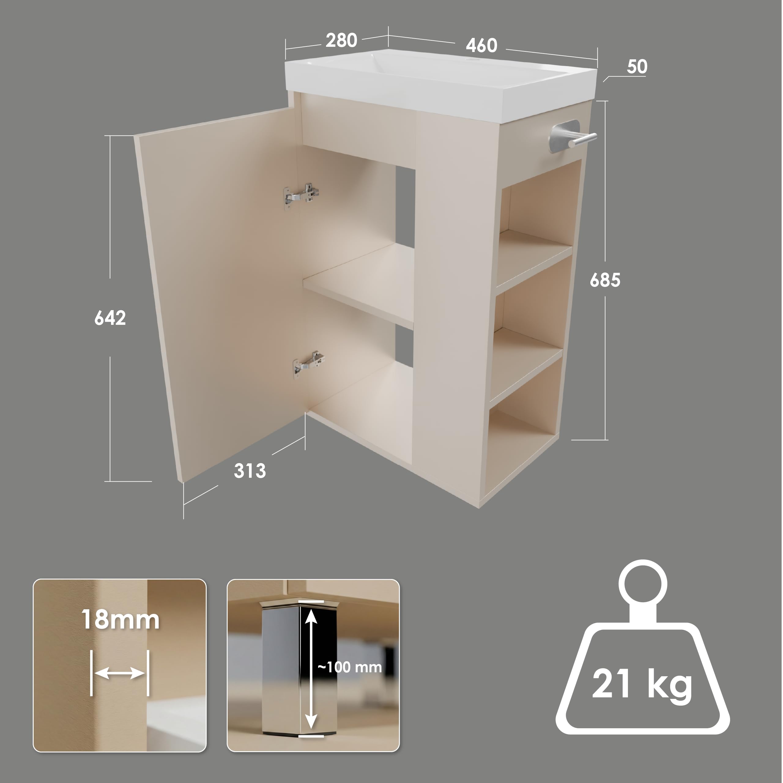 Szafka pod umywalkę SEVA z szafką dolną, szerokość 46 cm, wolnostojąca lub wisząca, zestaw mebli łazienkowych, szafka pod umywalkę z uchwytem na papier toaletowy - kaszmir, beż