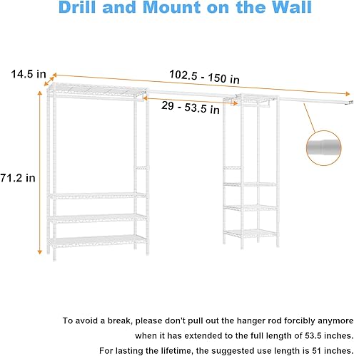 Miniatura 7 de Ulif E11 - Perchero de metal independiente para ropa y armario con 8 estantes y 4 barras para colgar, (73.2-97.6 pulgadas) de ancho x 14.5 pulgadas