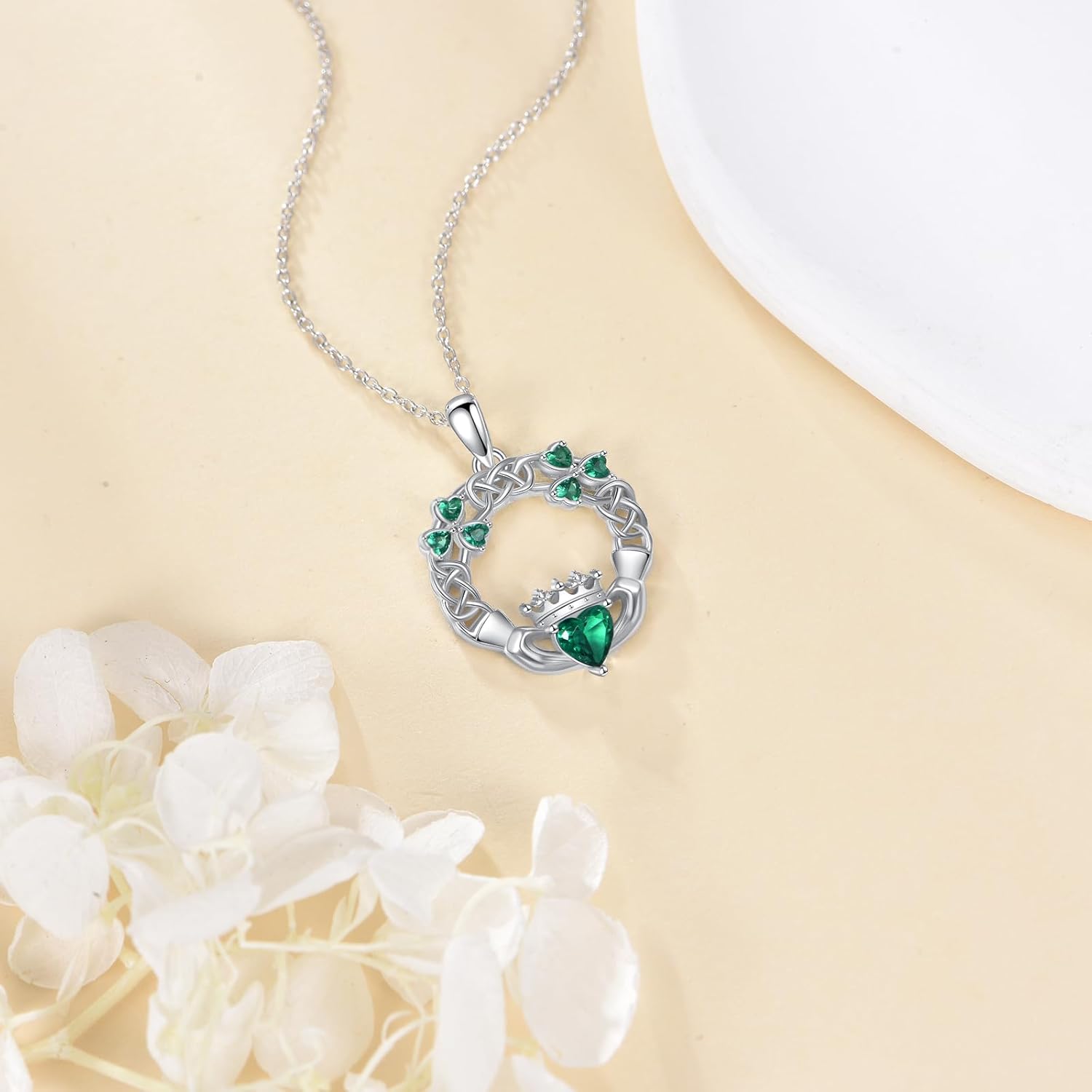925 Sterling Silver Claddagh Necklace for Women Shamrock Clover Green CZ Pendant with 18+2 Inch Silver Chain Love Celtic Irish Jewelry for Women - Image 5