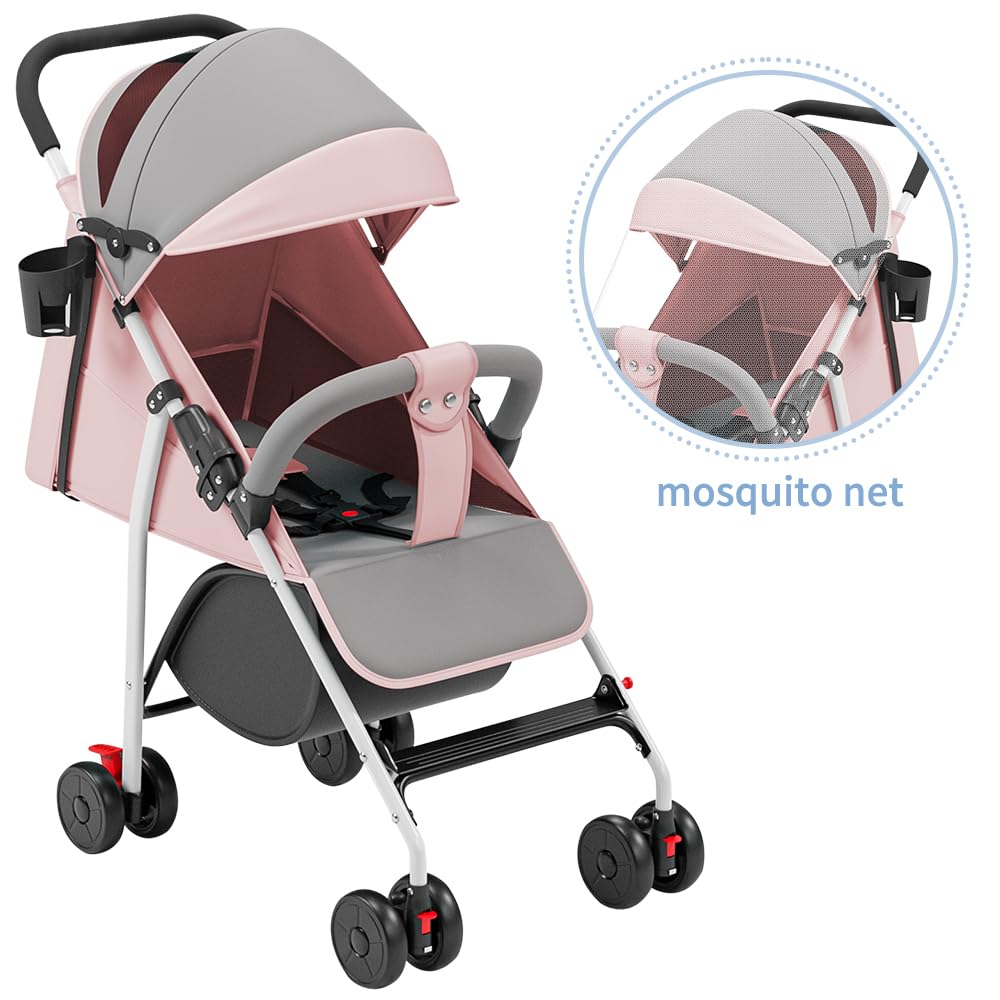 sillita de paseo bebe, de 0 a 4 años (máximo 21 kg), ligero (4,8 kg), confort silla paseo ligera, plegado compacto y reclinable, con algodón, portavasos, visera solar (Rosa)