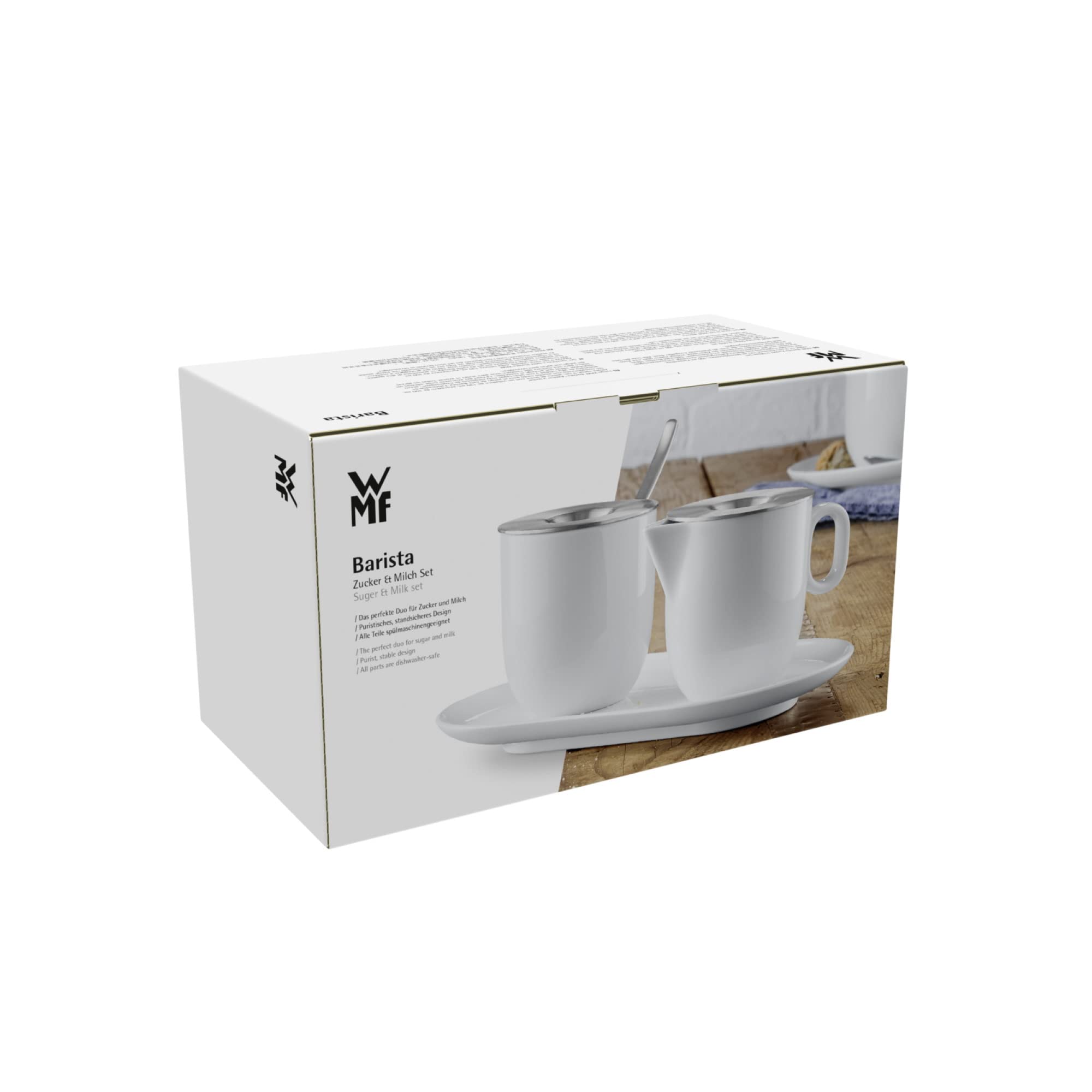 WMF Barista cukiernica 130 ml i dzbanek na śmietanę/mleko, porcelana, 170 ml, z pokrywkami, zestaw 3-częściowy z podstawką, dzbanek na mleko, nadaje się do mycia w zmywarce