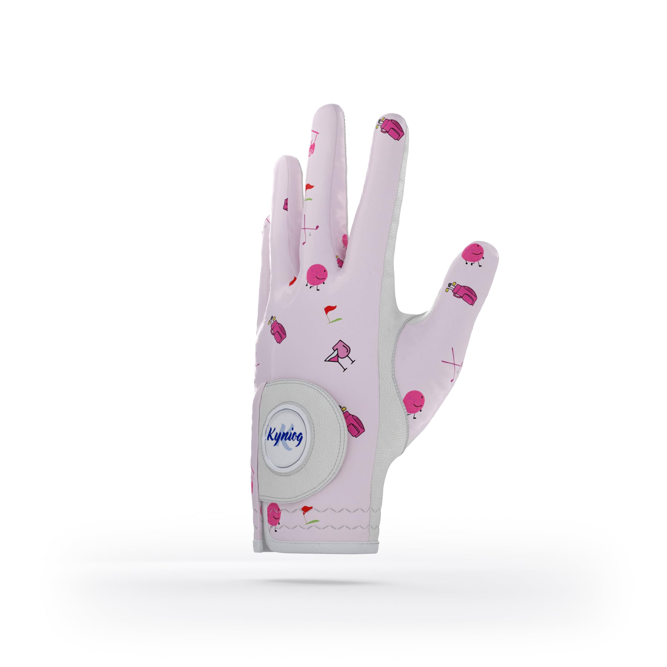 Kyniog Ladies Golf Gloves for Women Pink Medley Design, Left Hand Right Hand, Leather Palm Lycra Top, Breathable All Weather Grip, Cabretta Leather (M, Left)