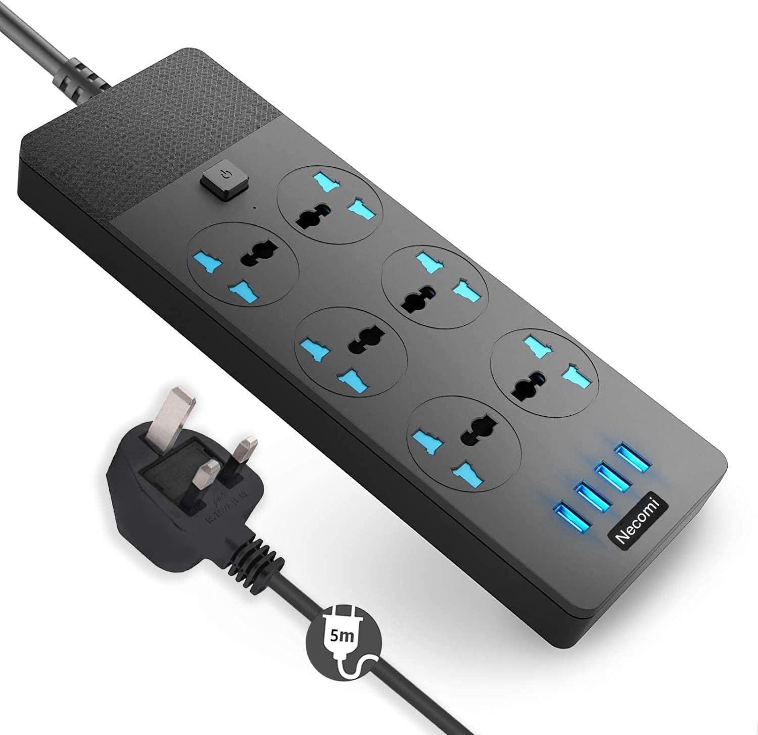 Necomi Universal Power Strips Extension Lead Outlets,All in one Wall Plug Adapter with 4 (3.1A) USB Hub & 6 Gang Smart Electrical Sockets,Surge Protection UK Plug Cable Cord for Home Office(5M/16.5FT)
