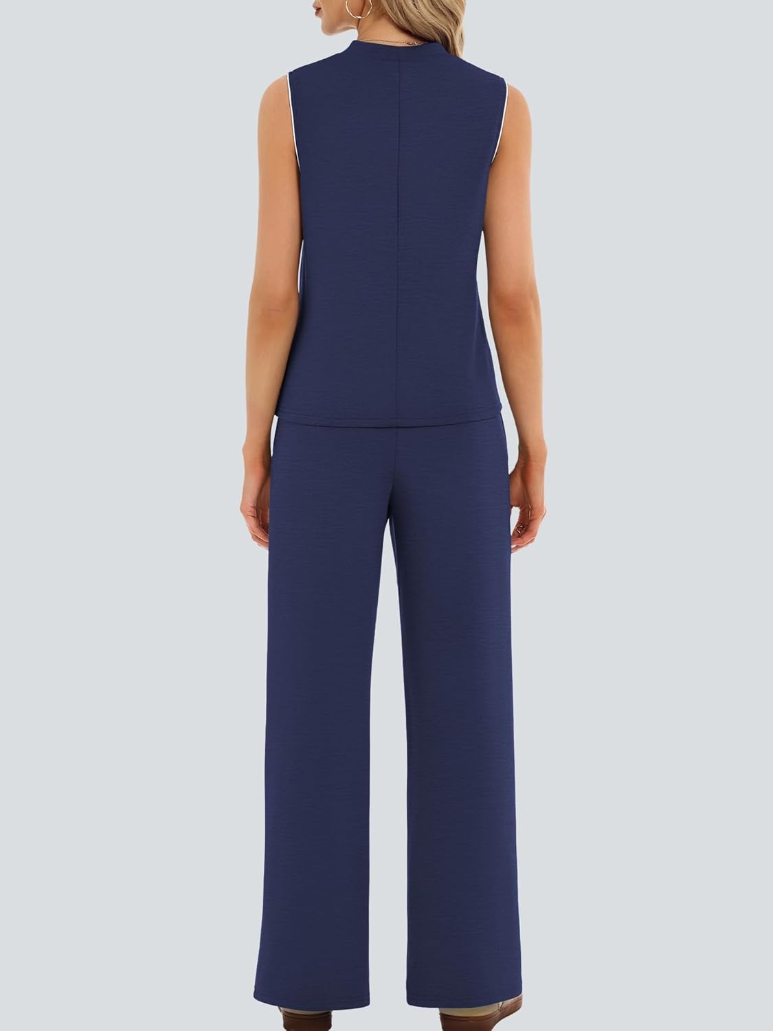 Casly Lamiit Women's 2 Piece Outfits Summer Casual Mock Neck Sleeveless Top Wide Leg Pant Sets Front Slits Travel Sweatsuit - Image 4