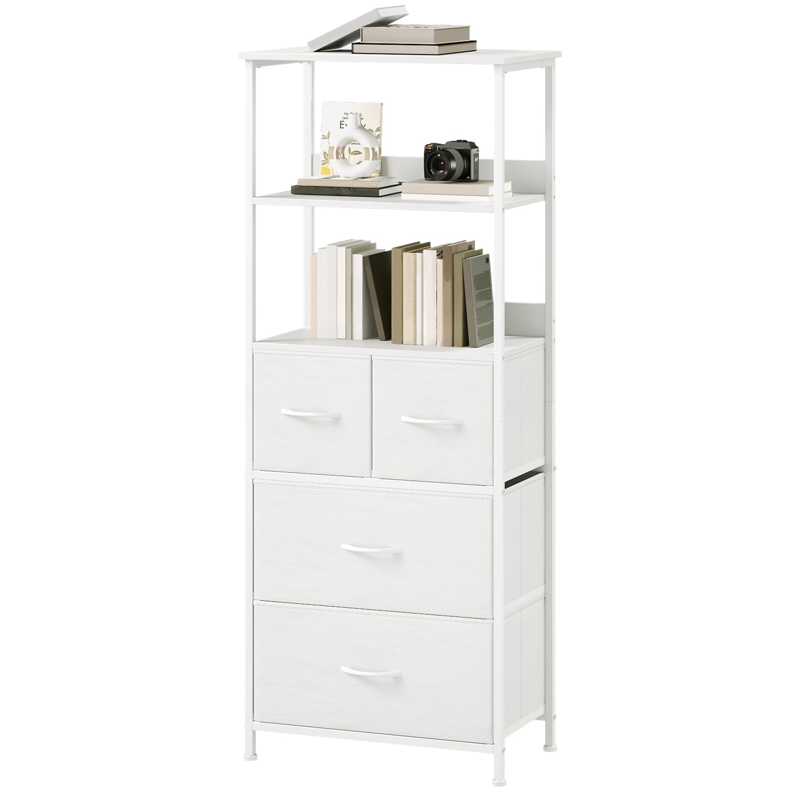 Somdot 5-Tier Bookcase, Freestanding Bookcase for Living Room Bedroom Home Office, Tall Bookshelf with 4 Fabric Storage Drawers, Shelving Unit Open Storage Display Shelf, White Leather