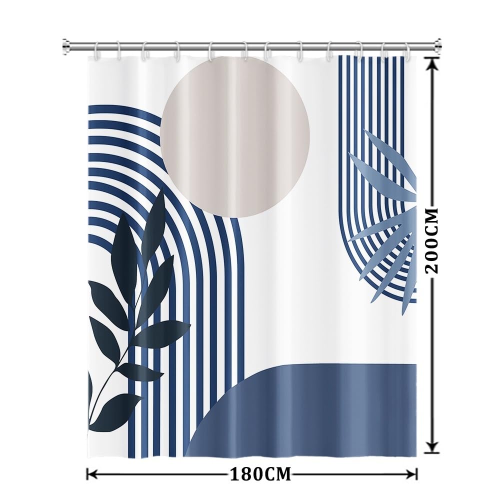 Tenda Doccia Antimuffa, Tenda da Doccia 180x200cm Boho Chic Blu Navy Astratta Grigio Sole Blu Scuro Foglie Tende da Bagno Tessuto Lavabile Impermeabile Tende per Vasca da Bagno con 12 Anelli
