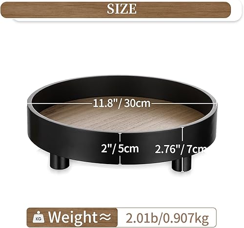 Vista 5 de Hanobe Bandeja decorativa redonda para baño: Bandejas grandes para decoración de tocador para dormitorio, soporte de pedestal circular negro de 12