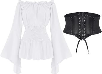 Women Renaissance Blouse Top Corset Waist Belt, Pirate Corset Shirt, Medieval Costume Off Shoulder Peasant Shirt
