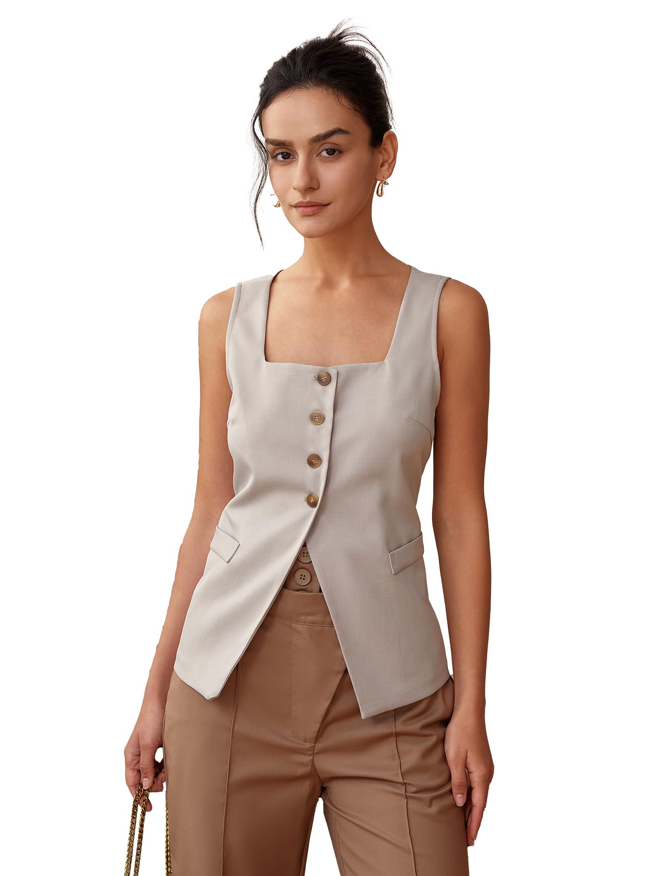 Women's Solid Color Square Neck Single Breasted Tank Top for Summer