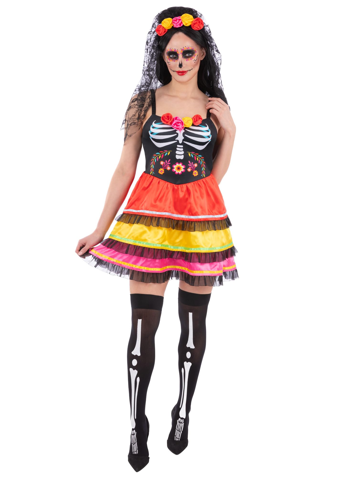 Smiffys Ladies Day of the Dead Costume with Dress and Rose Headband Veil Womens  Dia de los Muertos Halloween Fancy Dress Outfit, X-Large - BigaMart