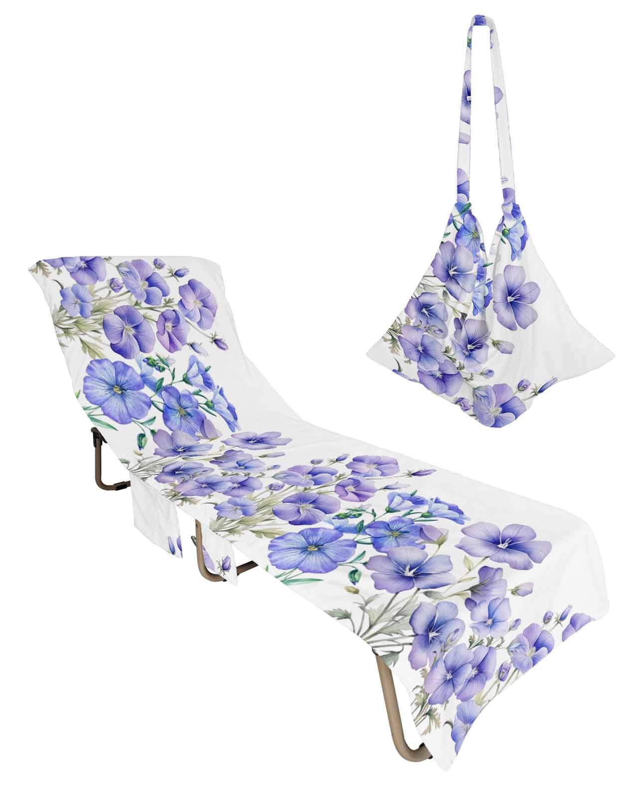 Blue Spring Floral Beach Lounge Chair Towel Cover, Soft Chaise Lounge Towel with Side Pockets Patio Pool Chairs Cover for Beach/Pool Sunbathing 29x85 Summer Botanical Watercolor Flower