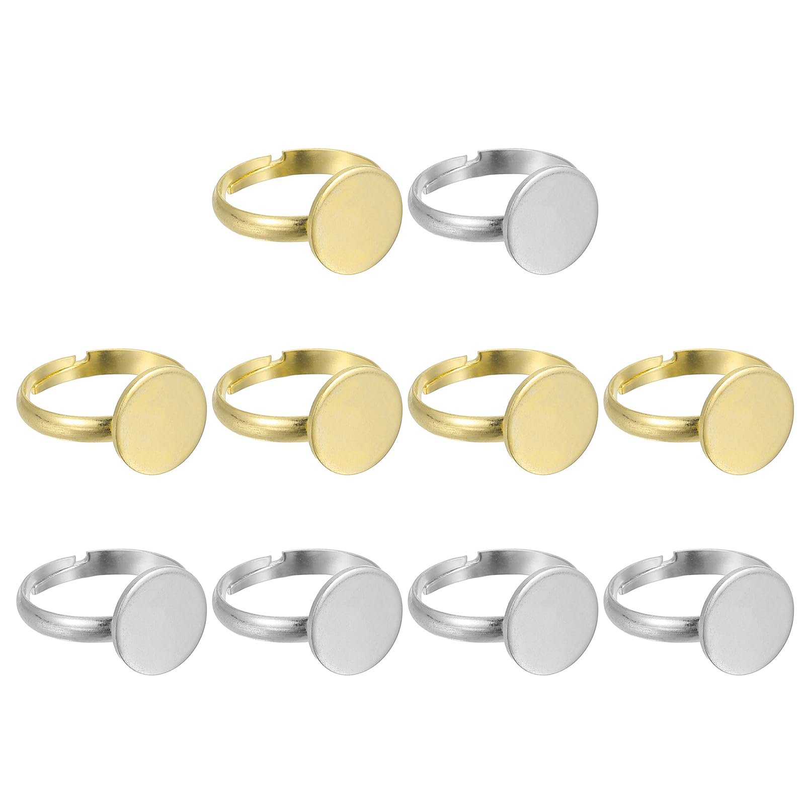 MECCANIXITY 10Pcs Metal Ring Base Blank, 12mm Adjustable Pad Cabochon Ring Blank Base Flat Bezel Tray for Jewelry Making Finding DIY Craft, Silver/Gold