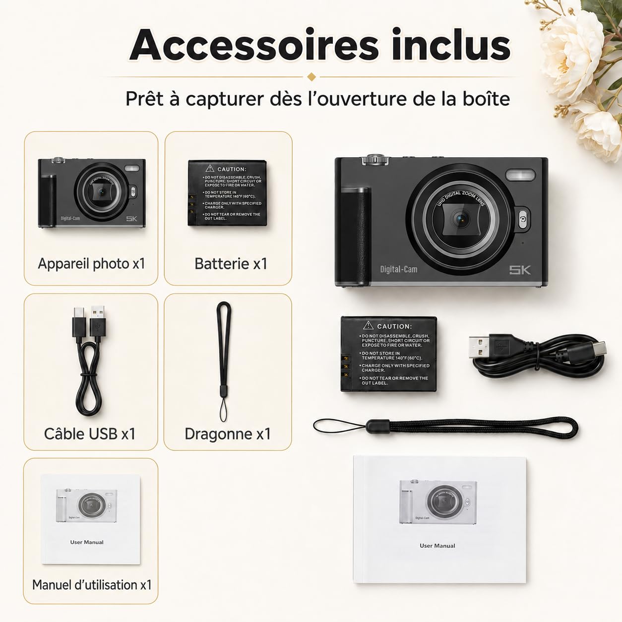 Cámara Digital 5K Selfies Pantalla 180° con Espejo para Principiante Negro