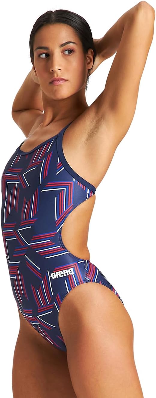 ARENA Women's Swimsuit Puzzled Team Print MaxLife Sports Suit Challenge Back One Piece Bathing Suit Competition Training Racing Swimwear, Navy/Red Multi, US Size 24