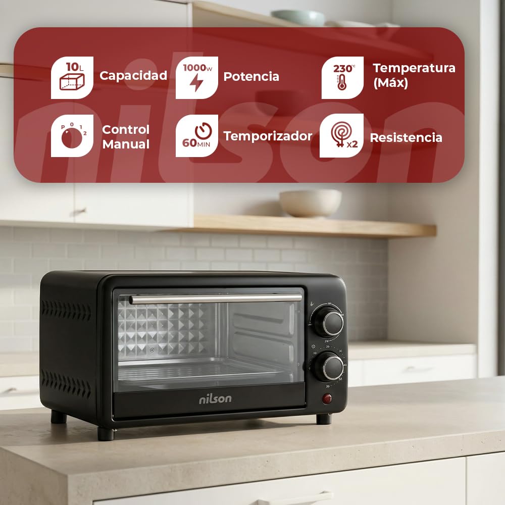 Tischofen, 9 l, kompakt, 800 W, mechanische Steuerung, NHS1000N, einstellbares Thermostat, maximale Temperatur 230 °, Timer 60 min, inklusive emailliertem Backblech und Metallgitter