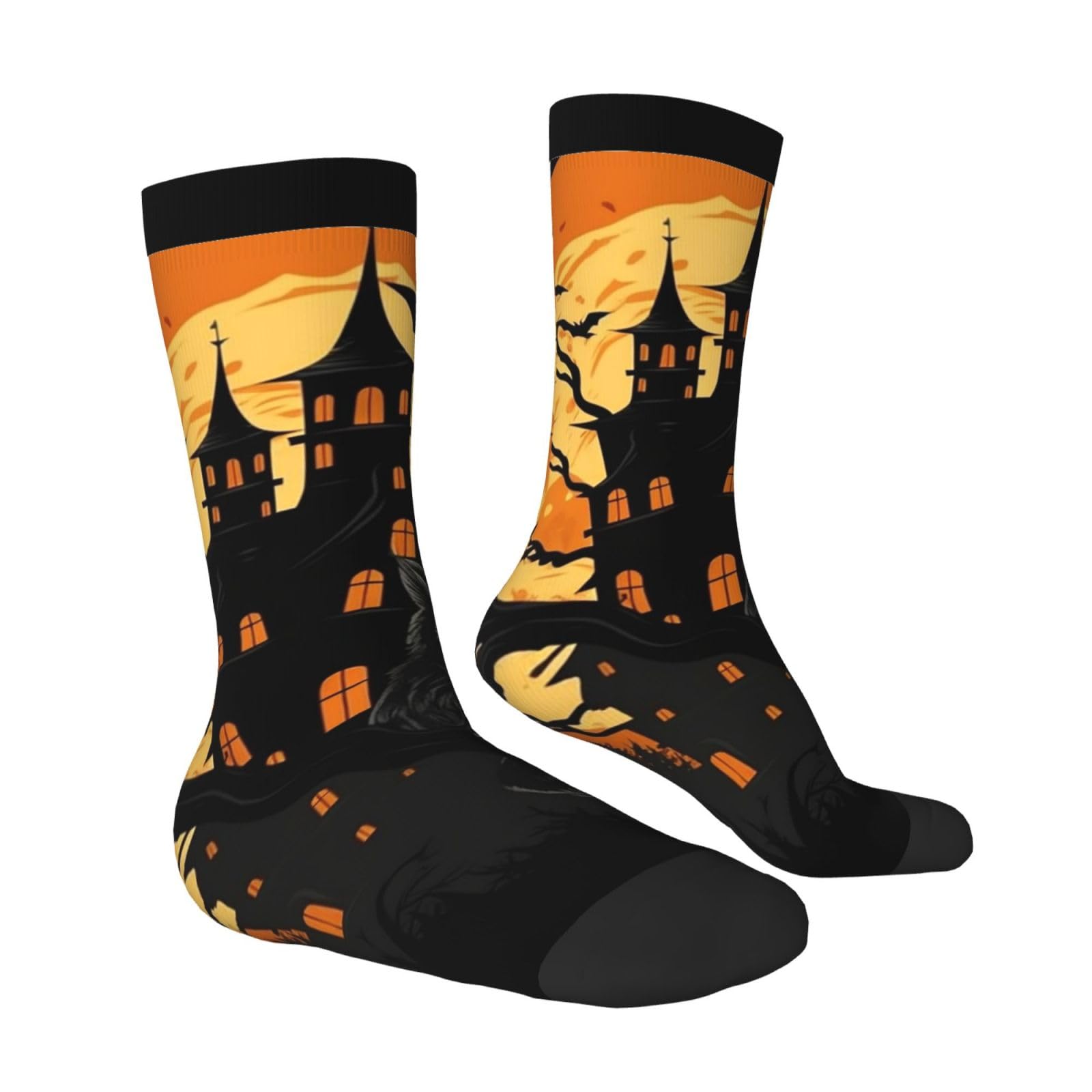 LZQPOEAS Black Tree Owl Pumpkin Head Castle Athletic Socks Unisex Cushioned Crew Socks Hiking Running Calf Sock Soft Above Ankle Sock