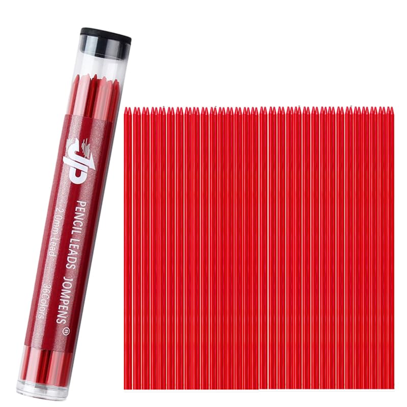 JOMPENS 36-Pack 90 mm 2.0mm Mechanical Pencil Lead Refills in Assorted Colours/Black/Blue/Red – Ideal for Writing, Drawing, Sketching & School Use (Red)