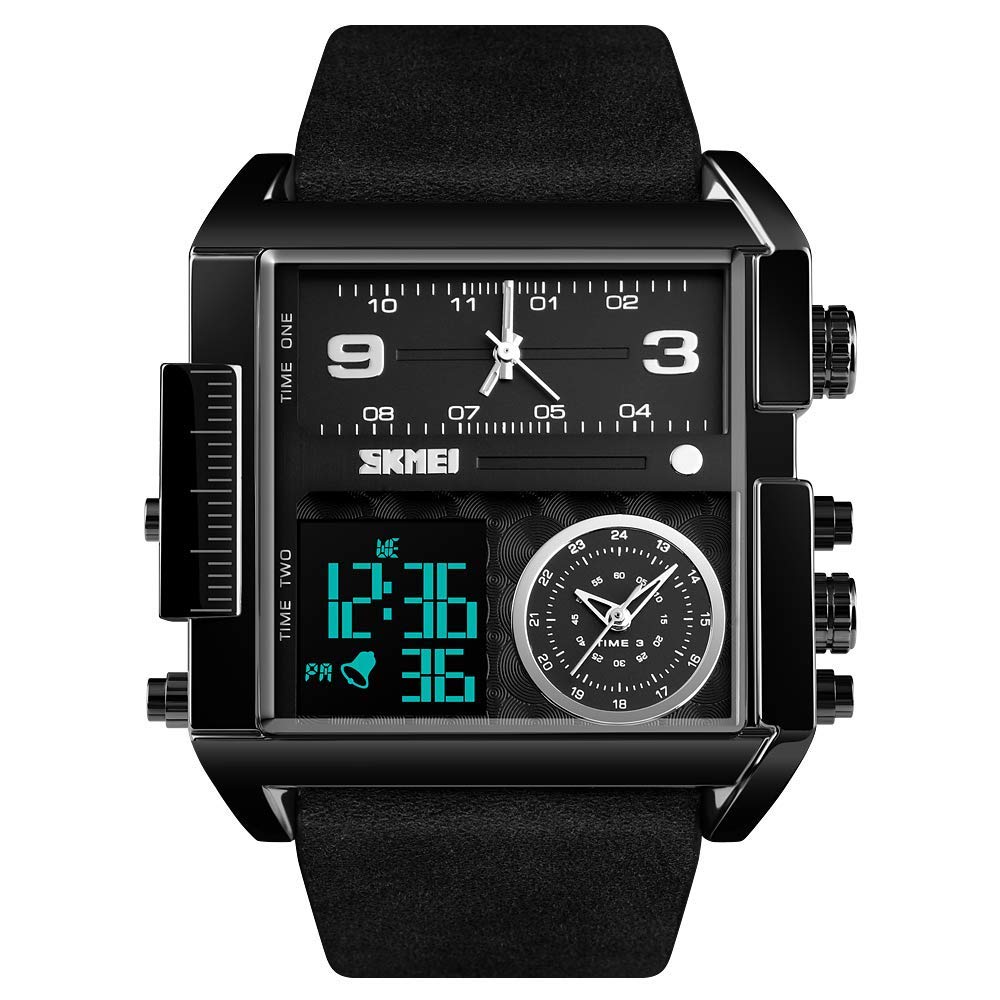 GosasaMen Square Large Face Digital Sports Watch,LED Analog Quartz Wrist Watch with Multi-Time Zone 50M Waterproof Stopwatch