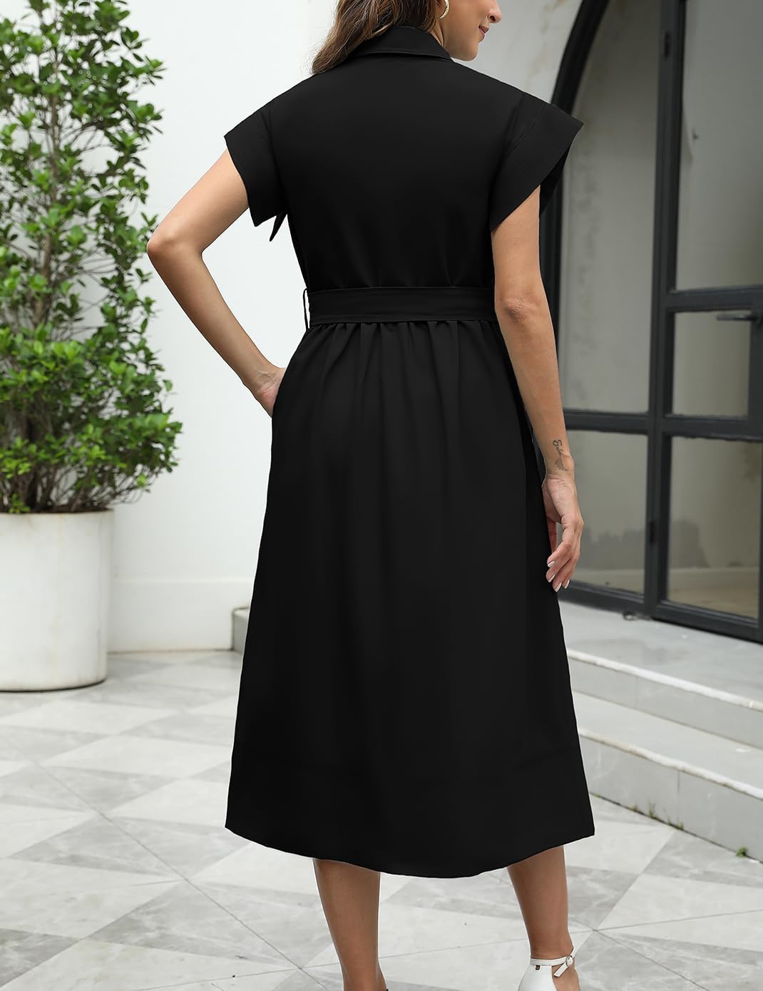 Haellun Women's Elegant Dress Classy Turn Down Collar Shirt Dress with Belt Short Wing Sleeve Trench Coat - Image 4