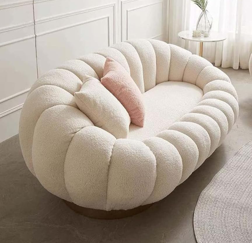 Image of Pumpkin Style Wooden Sofa, Pumpkin Shaped Living Room Sofa Set (Beige, 6 Seater)