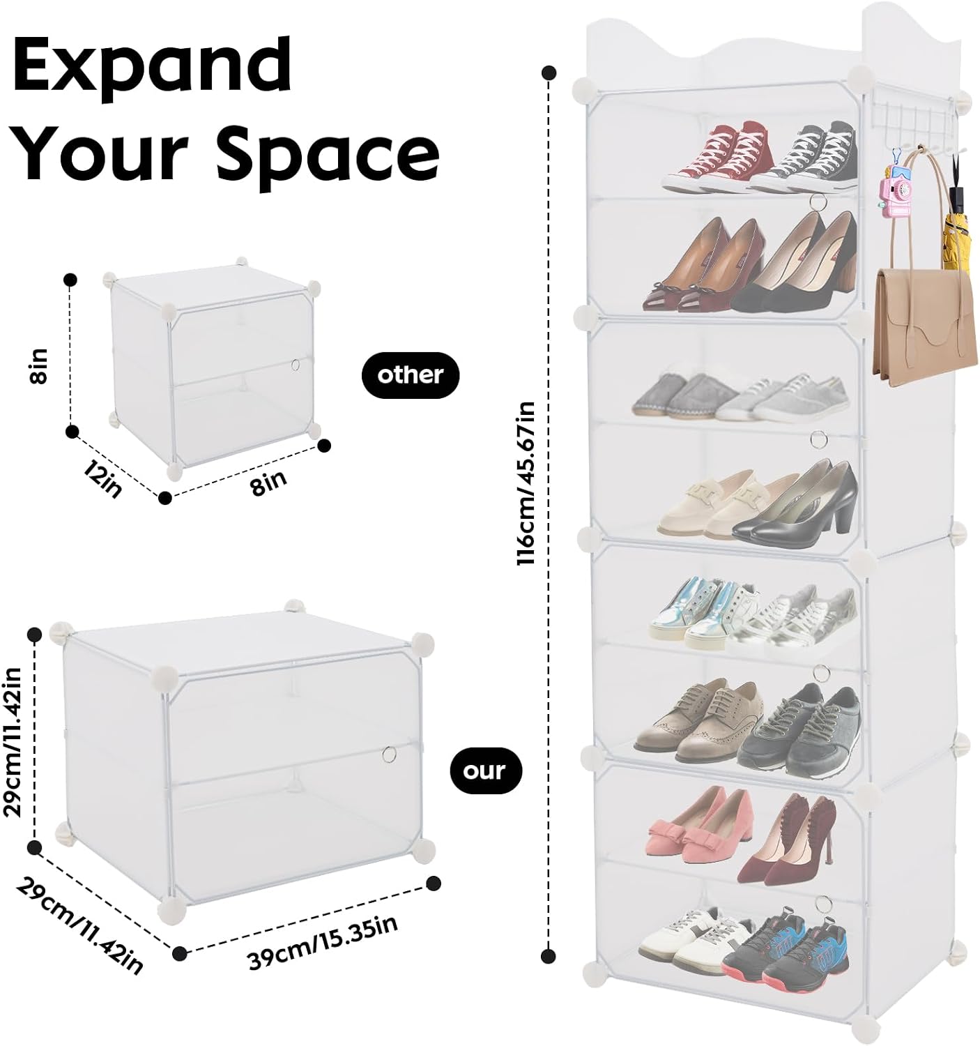 8 Tier Shoe Rack, Detachable Shoe Storage Cabinet for 16 Pair Shoes, Shoe Shelves Organizer for Closet Hallway Bedroom Entryway (Black) (Black) (White)