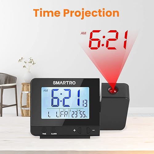 Vista 3 de SMARTRO - Reloj despertador digital de proyección para dormitorios con termómetro interior higrómetro, cargador USB, proyector de mesita de noche