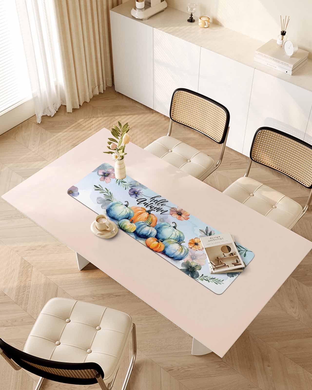 Debedcor Heat Proof Table Pads Waterproof Decorative, Orange Blue Pumpkins Non-Slip Table Countertop Protector, Thanksgiving Fall Botanical Insulation Mat for Dining Room, 48 x 12 Inches