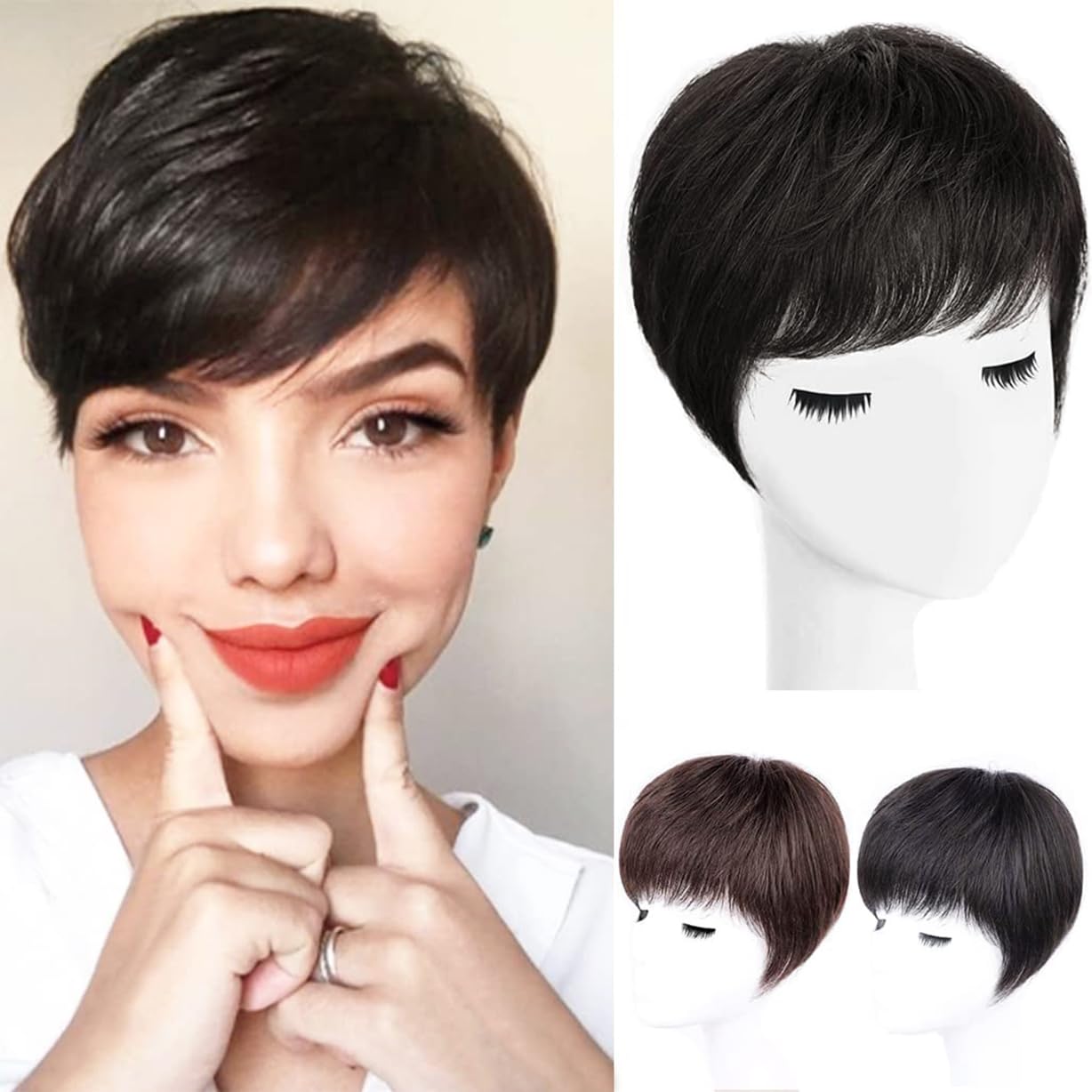 Women’s Straight Human Hair Toppers with Swept Bangs – 5.9 x 6.3 Inch Silktop Base Head Spin Topper & 6 Inch Clip-in Top Hairpiece for Covering Grey & Thinning Hair – Black