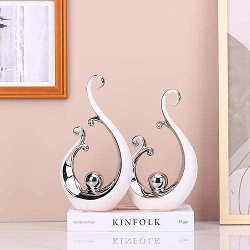 Miniatura 4 de DOVDOV Juego de 2 estatuas abstractas de cerámica blanca y plateada, detalles art deco modernos, decoración única para el hogar, decoración de mesa