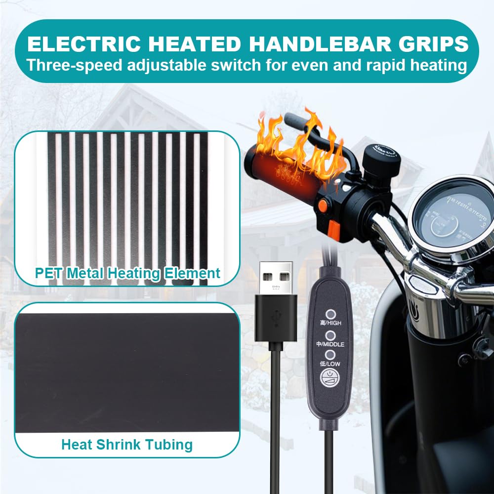 Manopole Riscaldate Moto, HOVCEH 1 Paio 5V USB Universale Manopole Riscaldate, Temperatura a Tre Livelli, Heated grips per Motociclette, Biciclette, Scooter