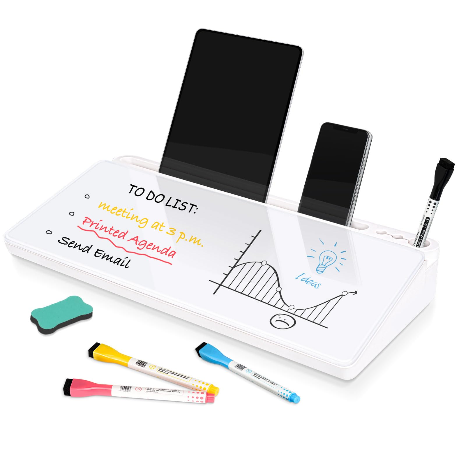 DOLLAR BOSS Glass Desk Whiteboard Small Dry Erase Board Desktop White Board with Storage Drawer Computer Keyboard Stand Desk Organizer Office Accessories School Supplies with 4 Markers 1 Eraser, White
