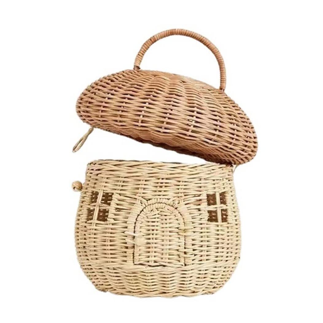 Cesta de almacenamiento tejida de ratán decorativa con forma de hongo de gran capacidad con tapa y asa, elegante cesta de mimbre para estante, despensa, cocina, baño, organizador del hogar