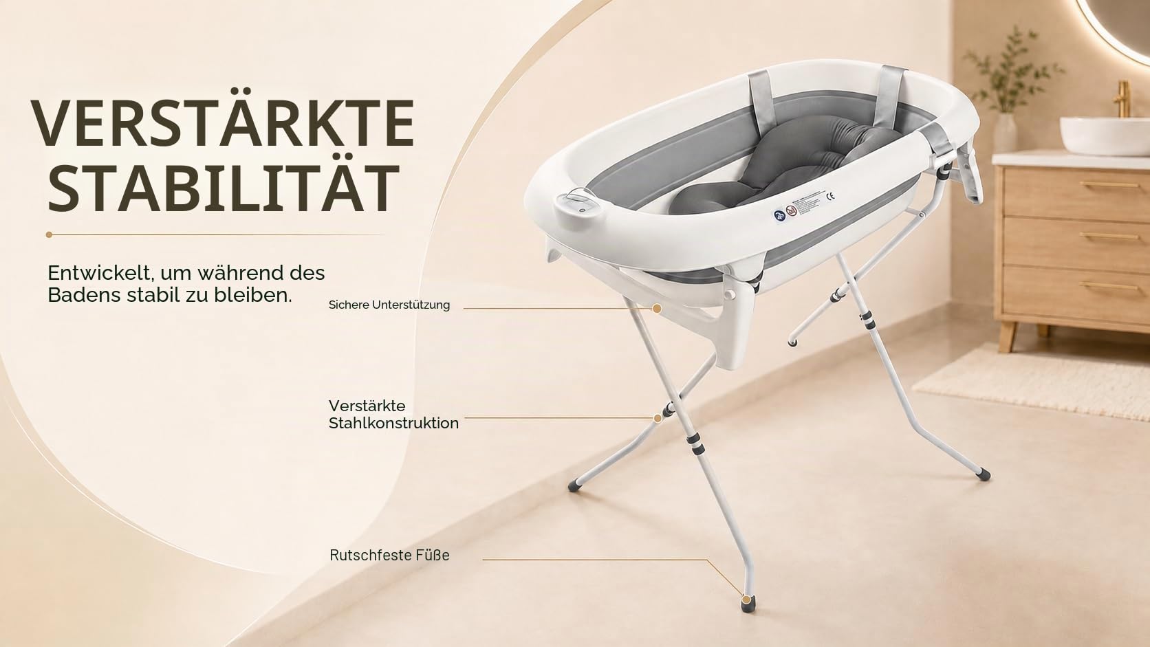 Faltbare Babybadewanne mit Ständer aus Stahl, integriertes Thermometer, ergonomisches Kissen und Ablaufschlauch – Baby Delfin – kompakt und tragbar, 0 – 3 Jahre, Grau