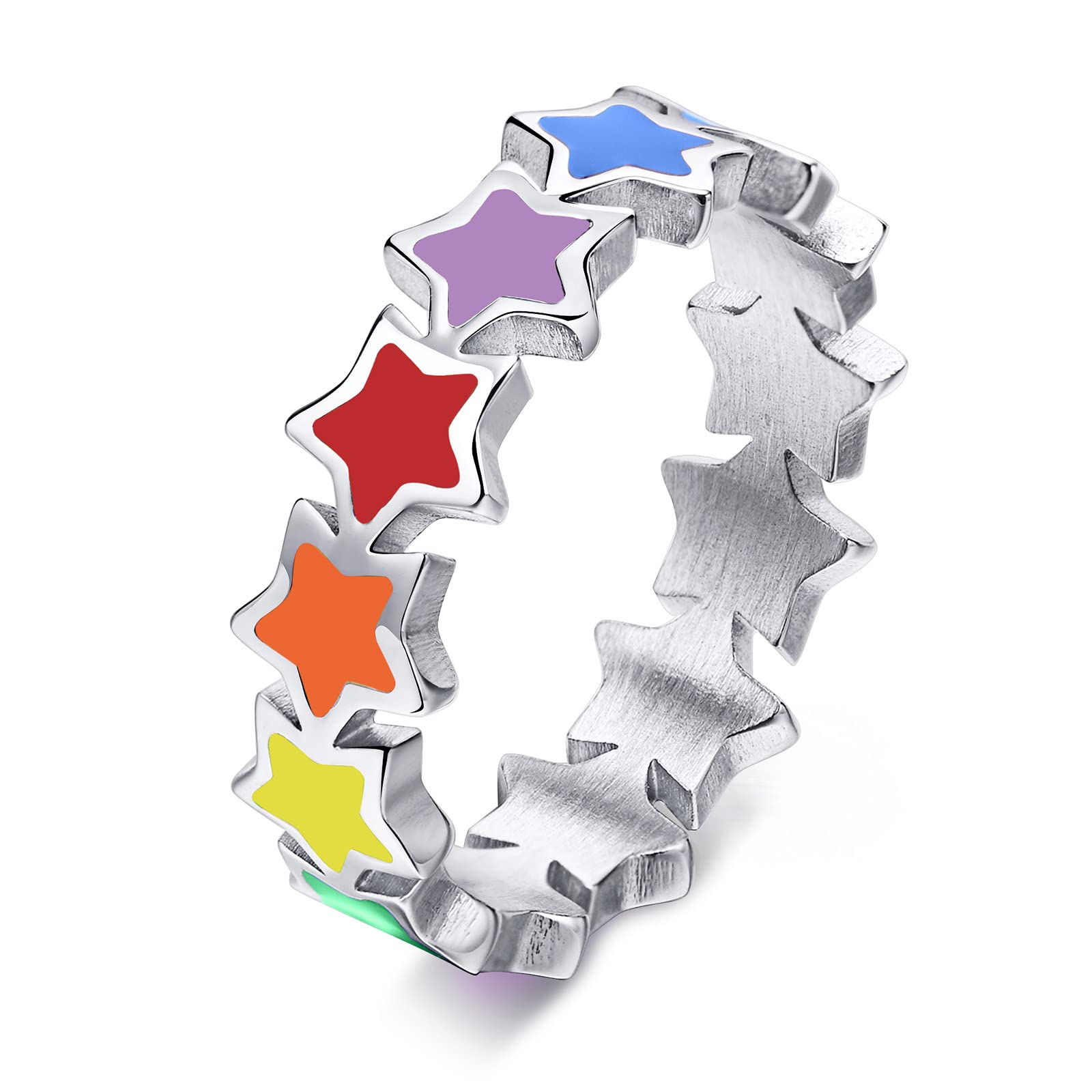 MPRAINBOW Enamel Rainbow LGBT Pride Ring 5mm Star Heart to Heart Rainbow Lesbian & Gay Rings, Stainless Steel Love Heart LGBTQ Pride Rings Jewelry